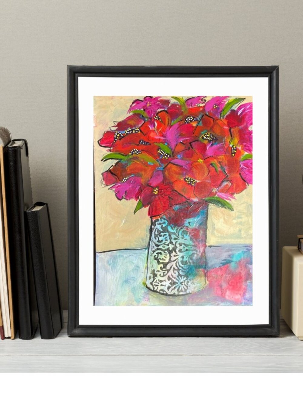 Original Art  Vibrant Red and Pink Flowers  Floral Wall Art